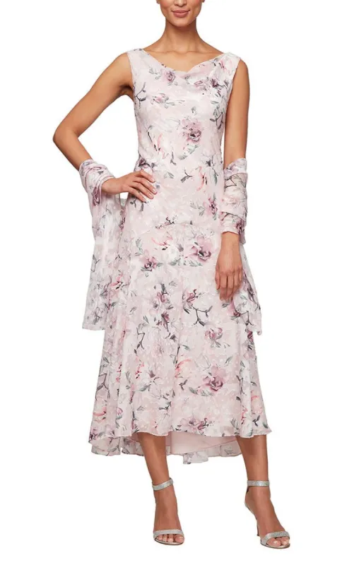 Petite Tea-Length Cowl Neck Printed Dress with High/Low Skirt and Shawl sold by Alex Evenings