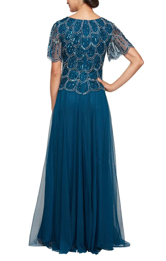 Regular - Long Hand Beaded Mock Dress with Square Neckline, Asymmetric Cascade Overlay Skirt and Short Sleeves sold by Alex Evenings product image thumbnail 2