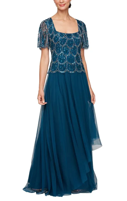 Regular - Long Hand Beaded Mock Dress with Square Neckline, Asymmetric Cascade Overlay Skirt and Short Sleeves sold by Alex Evenings