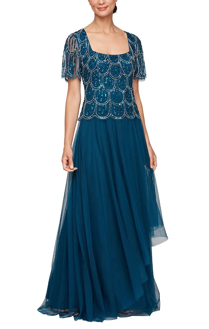 Regular - Long Hand Beaded Mock Dress with Square Neckline, Asymmetric Cascade Overlay Skirt and Short Sleeves sold by Alex Evenings