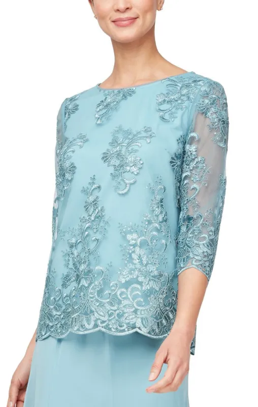 Regular - 3/4 Sleeve Embroidered Tulle Tunic Blouse with Illusion Sleeves and Scallop Detail sold by Alex Evenings
