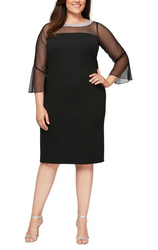 Plus Sheath Crepe Cocktail Dress with Beaded Illusion Neckline & Bell Sleeves sold by Alex Evenings