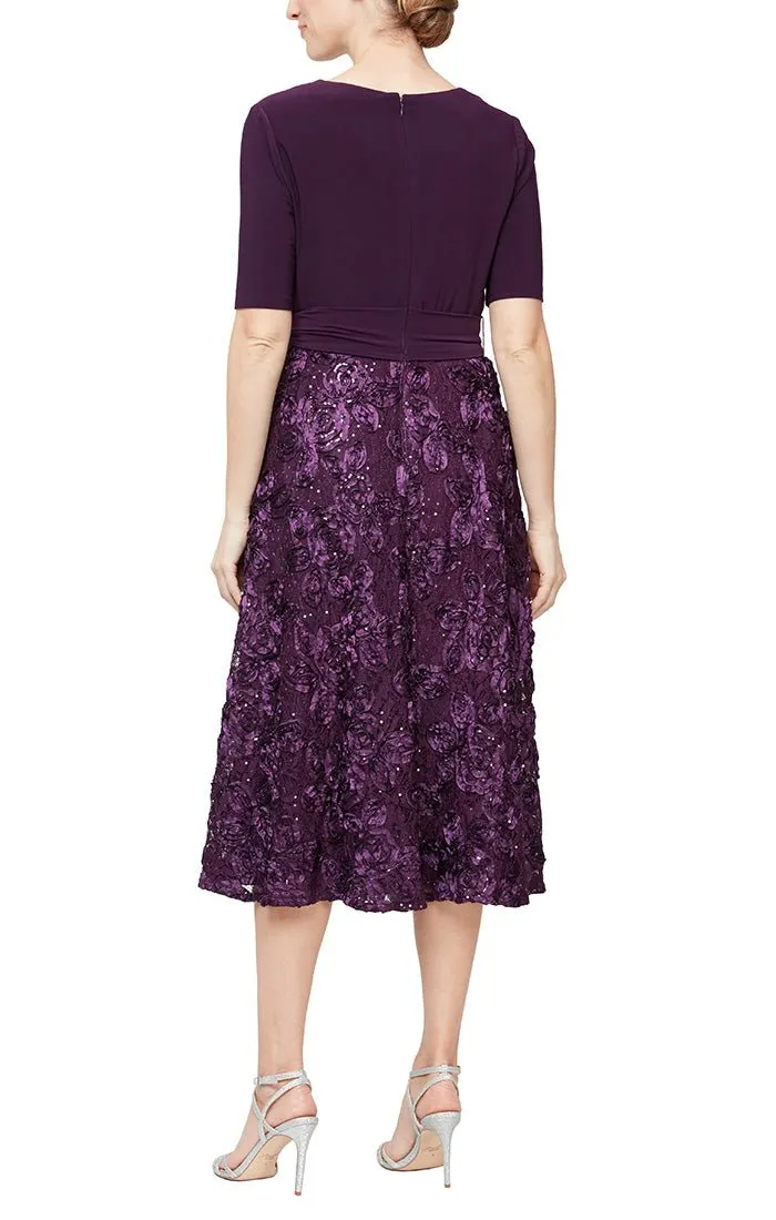 Tea-Length Lace & Jersey Cocktail Dress with Full Rosette Lace Skirt and Tie Belt sold by Alex Evenings product image thumbnail 4