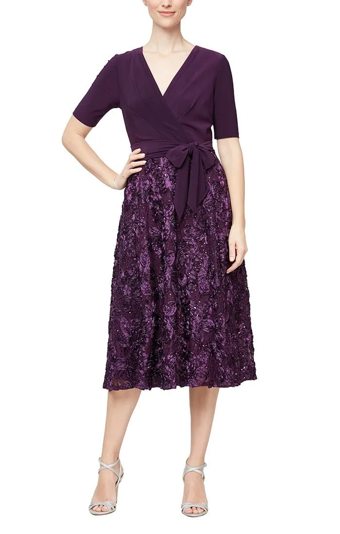 Tea-Length Lace & Jersey Cocktail Dress with Full Rosette Lace Skirt and Tie Belt sold by Alex Evenings product image thumbnail 3