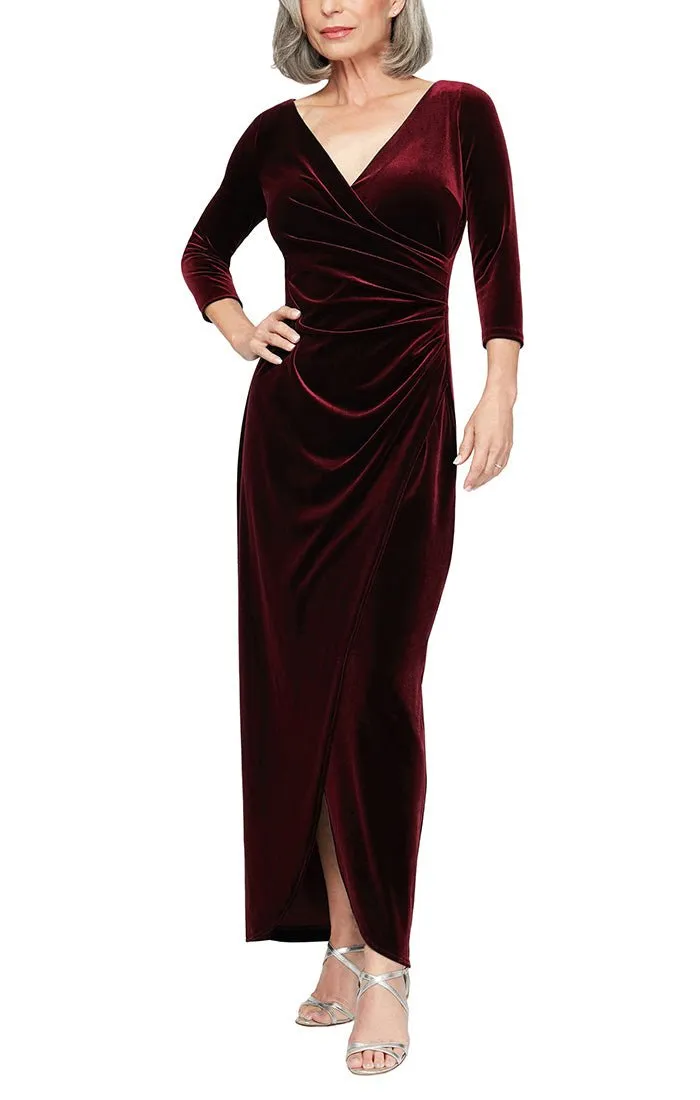 Petite Surplice Neckline Velvet Long Dress with Tulip Overlay Hem Skirt and 3/4 Sleeves sold by Alex Evenings product image thumbnail 3