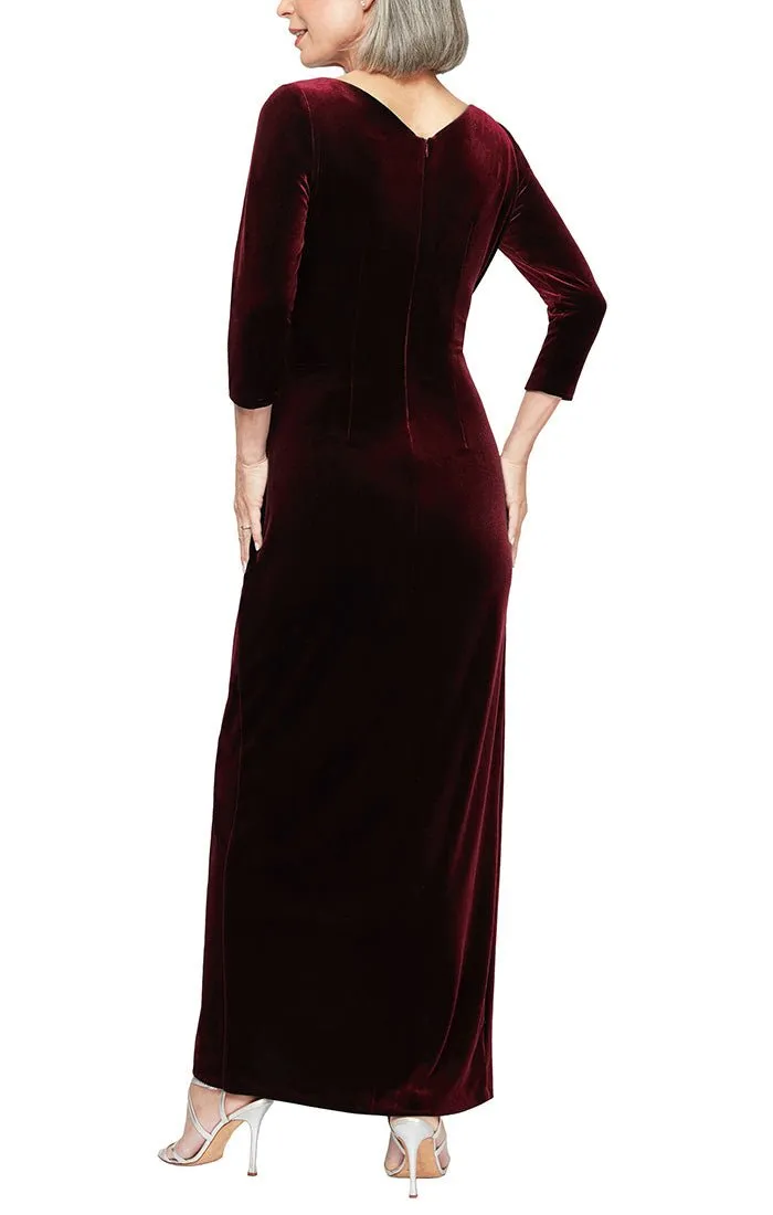 Petite Surplice Neckline Velvet Long Dress with Tulip Overlay Hem Skirt and 3/4 Sleeves sold by Alex Evenings product image thumbnail 4