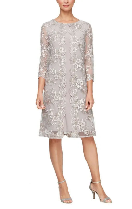 Petite - Embroidered Mock Jacket Dress with Illusion Sleeves & Scallop Detail sold by Alex Evenings