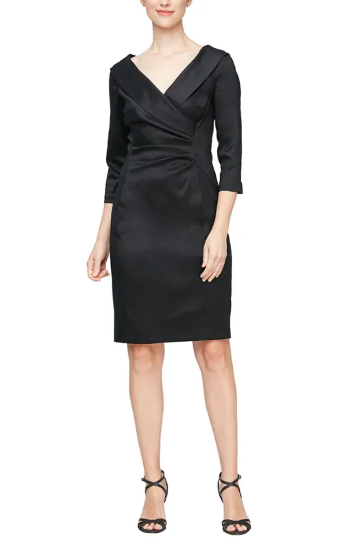 Short Sheath Stretch Taffeta Cocktail Dress with Portrait Collar and Ruched Waist Detail sold by Alex Evenings