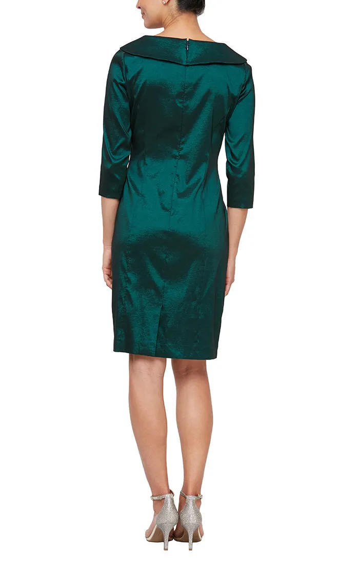 Short Sheath Stretch Taffeta Cocktail Dress with Portrait Collar and Ruched Waist Detail sold by Alex Evenings product image thumbnail 4