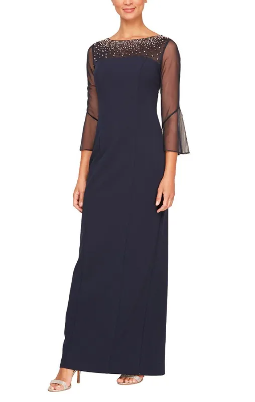 Long Column Stretch Crepe Gown with Heat Set Illusion Neckline & Bell Sleeves sold by Alex Evenings