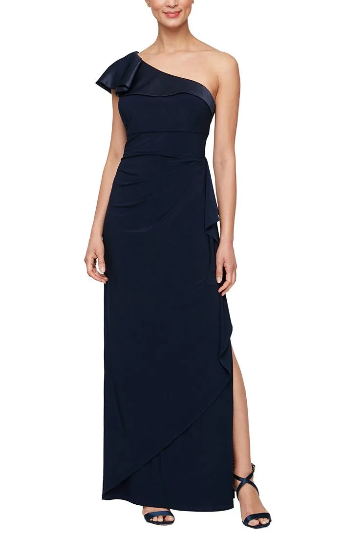 Regular - Matte Jersey One Shoulder Dress with Charmeuse Overlay & Cascade Ruffle Skirt sold by Alex Evenings