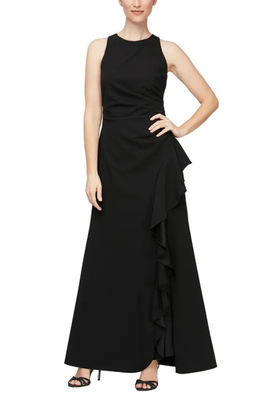 Petite - Sleeveless Stretch Crepe Dress with Cascade Ruffle Skirt Detail & Cutaway Neckline sold by Alex Evenings
