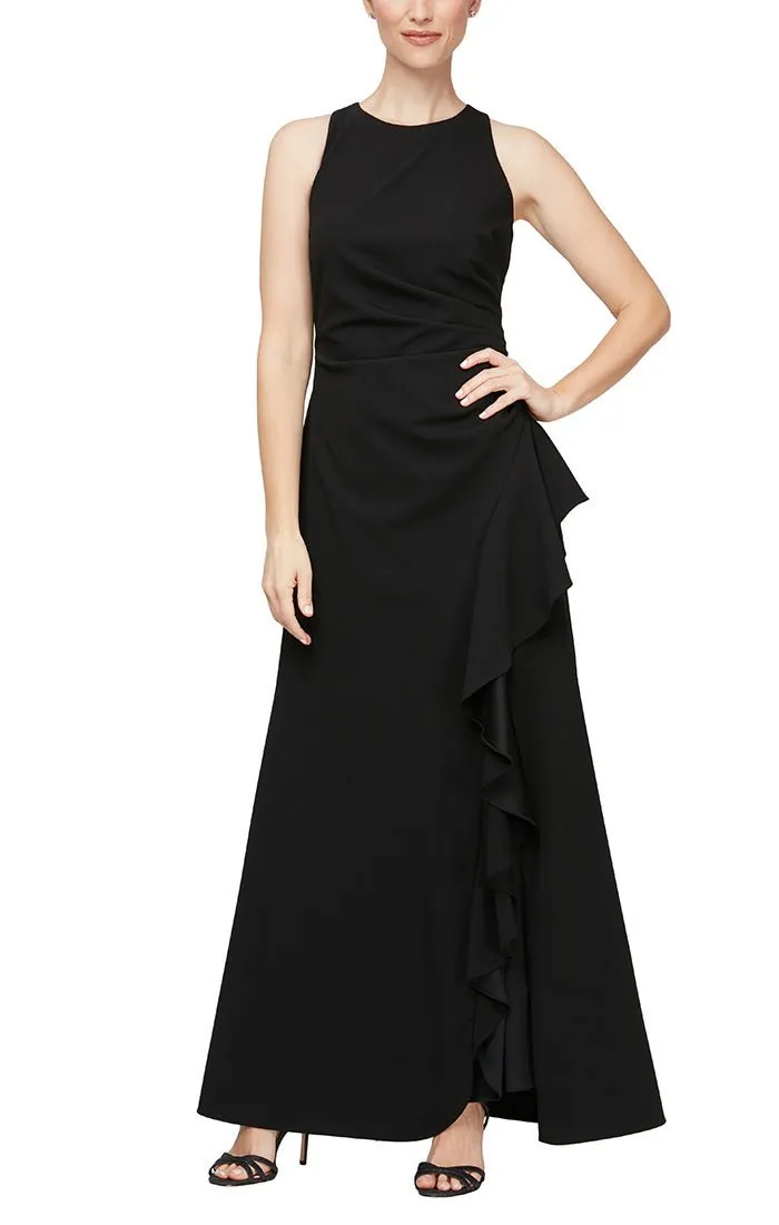 Petite - Sleeveless Stretch Crepe Dress with Cascade Ruffle Skirt Detail & Cutaway Neckline sold by Alex Evenings