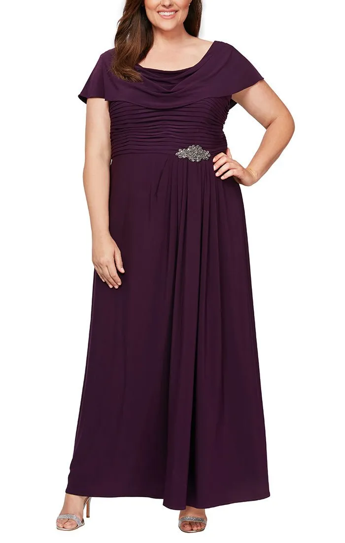 Plus Long Cowl Neck A-Line Matte Jersey Dress with Pleated Bodice Detail, Cowl Back, and Embellishment Detail at Waist sold by Alex Evenings