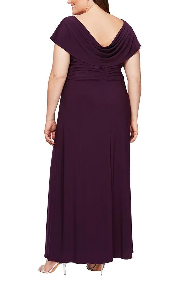 Plus Long Cowl Neck A-Line Matte Jersey Dress with Pleated Bodice Detail, Cowl Back, and Embellishment Detail at Waist sold by Alex Evenings product image thumbnail 2