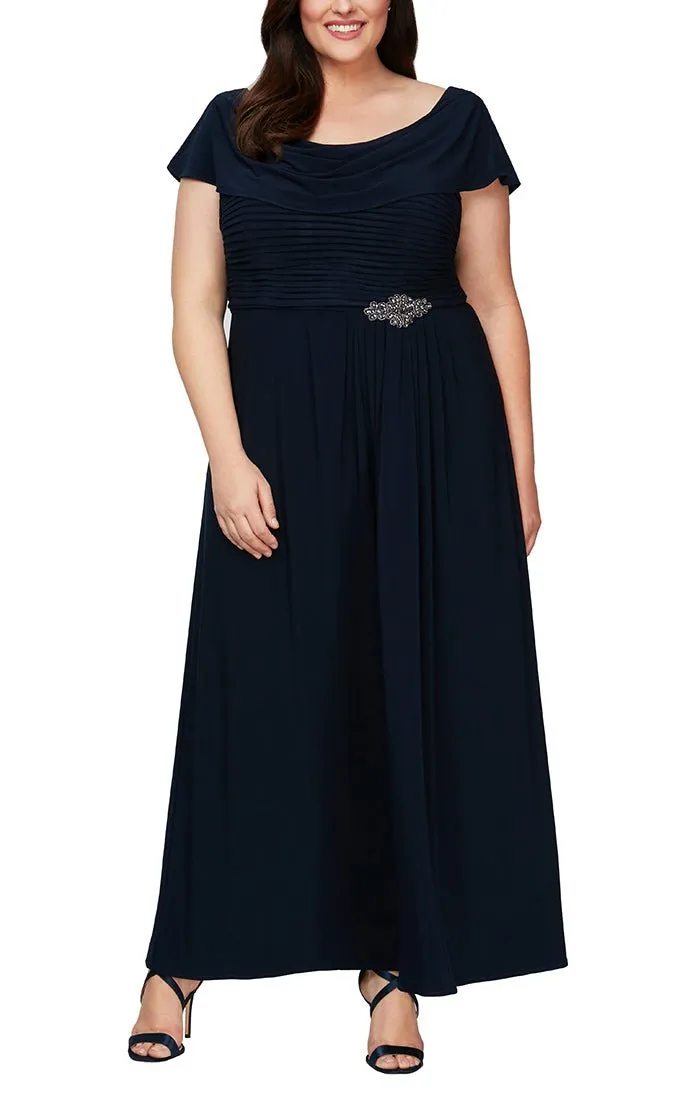 Plus Long Cowl Neck A-Line Matte Jersey Dress with Pleated Bodice Detail, Cowl Back, and Embellishment Detail at Waist sold by Alex Evenings product image thumbnail 3
