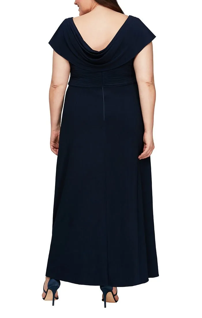 Plus Long Cowl Neck A-Line Matte Jersey Dress with Pleated Bodice Detail, Cowl Back, and Embellishment Detail at Waist sold by Alex Evenings product image thumbnail 4