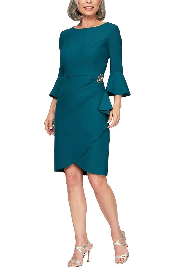 Sheath Compression Cocktail Dress with Bell Sleeves, Embellished Hip & Cascade Ruffle Detail sold by Alex Evenings product image thumbnail 4