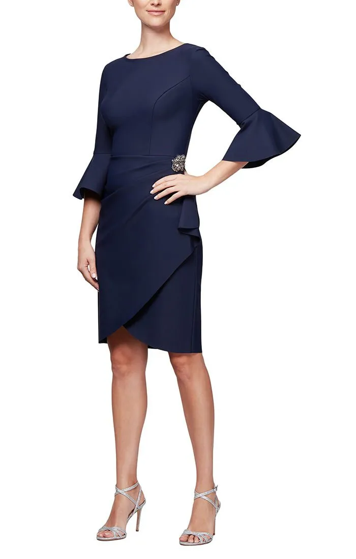 Sheath Compression Cocktail Dress with Bell Sleeves, Embellished Hip & Cascade Ruffle Detail sold by Alex Evenings