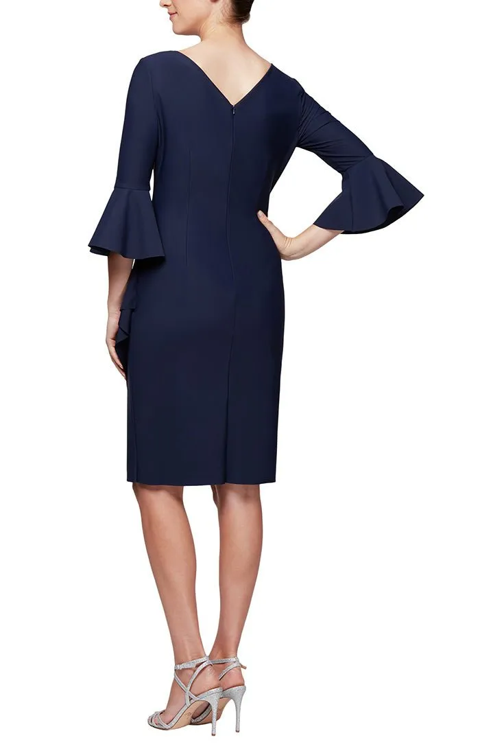 Sheath Compression Cocktail Dress with Bell Sleeves, Embellished Hip & Cascade Ruffle Detail sold by Alex Evenings product image thumbnail 2