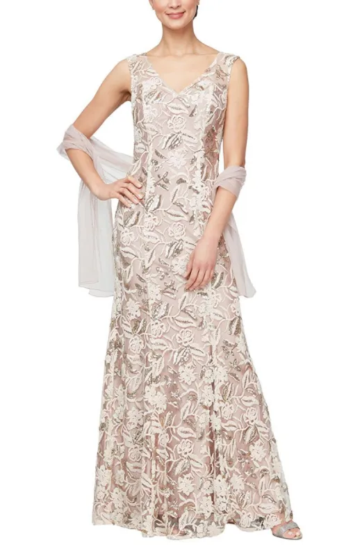 Regular - Sleeveless Embroidered Dress with V-Neckline, Sequin Detail & Shawl sold by Alex Evenings