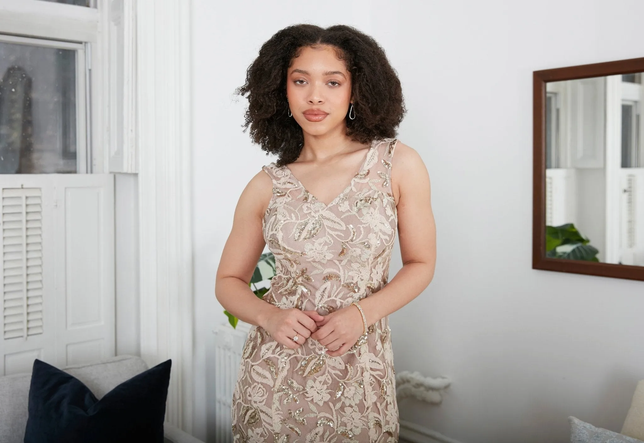 Regular - Sleeveless Embroidered Dress with V-Neckline, Sequin Detail & Shawl sold by Alex Evenings product image thumbnail 3