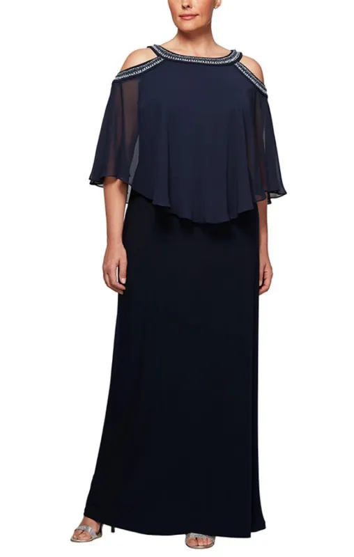 Plus Cold Shoulder Popover Jersey & Chiffon Gown with Beaded Neckline sold by Alex Evenings
