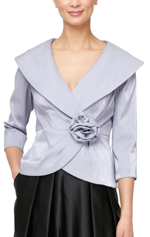 Regular - 3/4 Sleeve Stretch Shimmer Blouse with Flower Detail Side Closure & Portrait Collar made by Alex Evenings