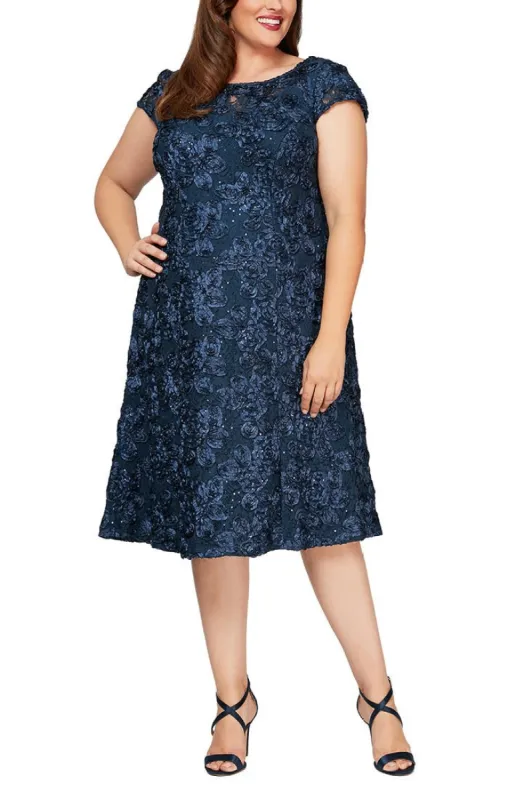 Plus Cocktail Dress in Rosette Lace with Cap Sleeves sold by Alex Evenings