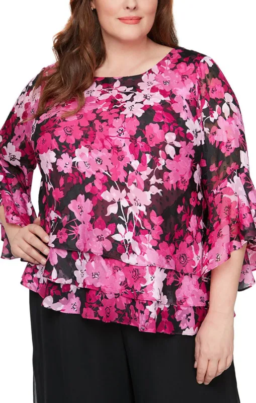 Plus Floral Chiffon Blouse with Asymmetric Triple Tier Hem & Bell Sleeves sold by Alex Evenings