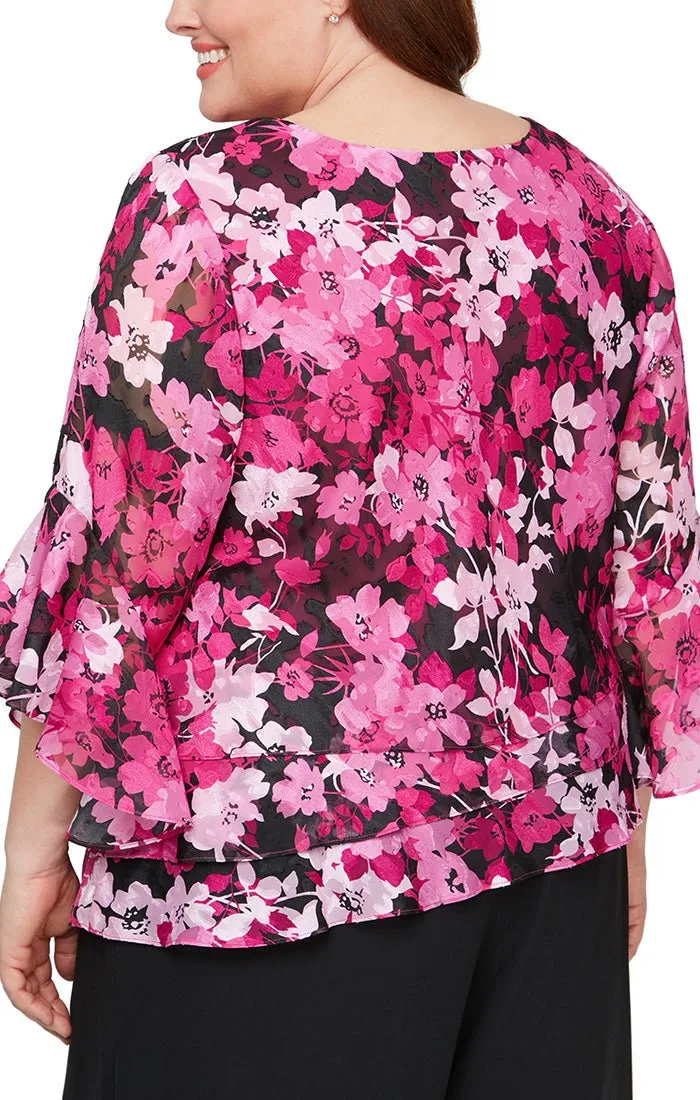 Plus Floral Chiffon Blouse with Asymmetric Triple Tier Hem & Bell Sleeves sold by Alex Evenings product image thumbnail 2