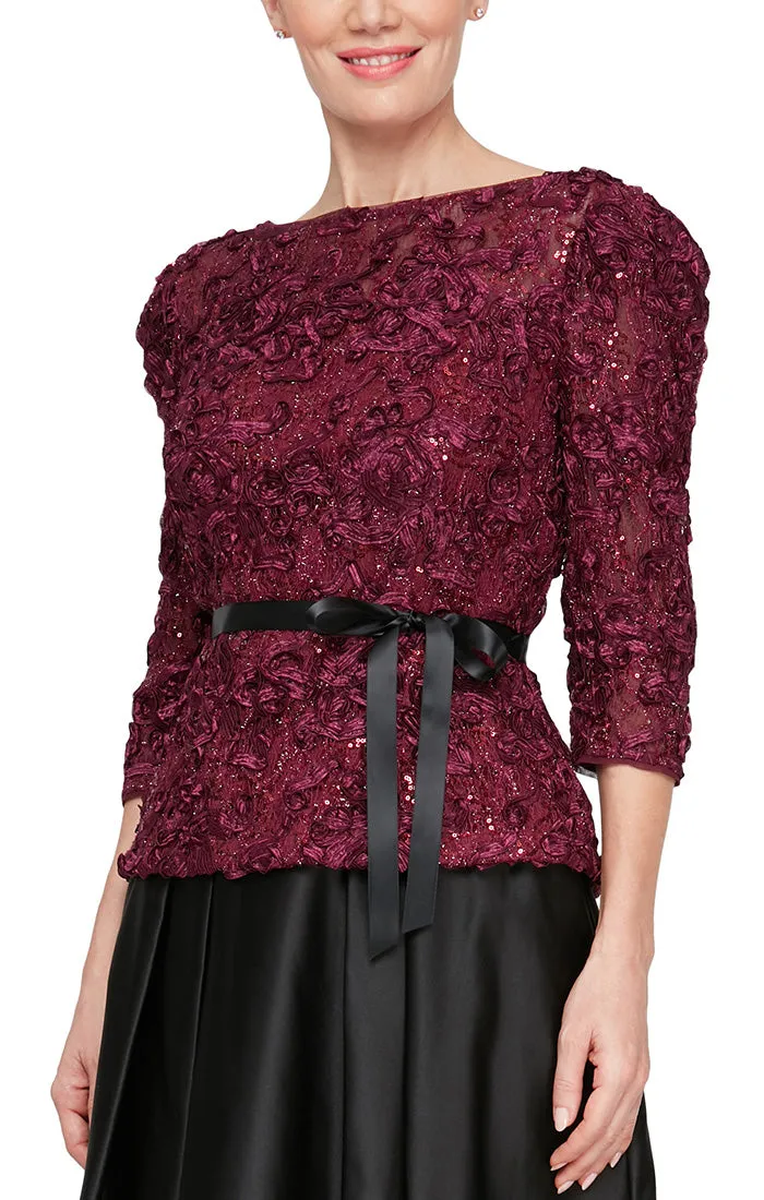 3/4 Sleeve Soutache Blouse with Puff Shoulder Sleeve Detail, Illusion Neckline & Tie Belt sold by Alex Evenings