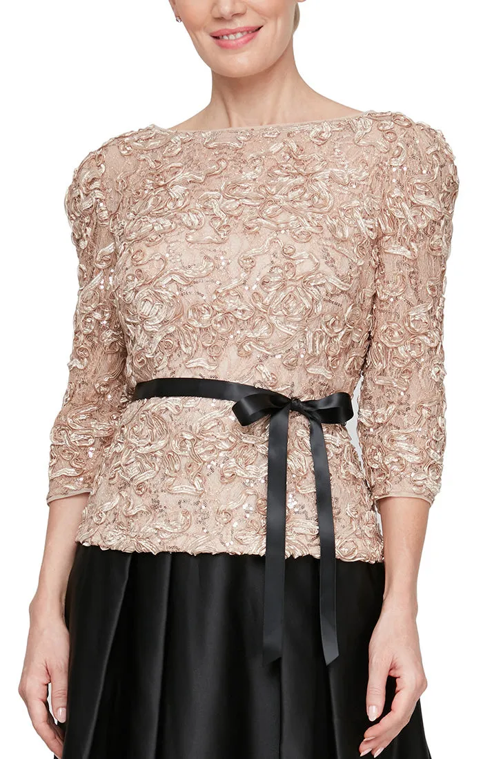 3/4 Sleeve Soutache Blouse with Puff Shoulder Sleeve Detail, Illusion Neckline & Tie Belt sold by Alex Evenings product image thumbnail 3