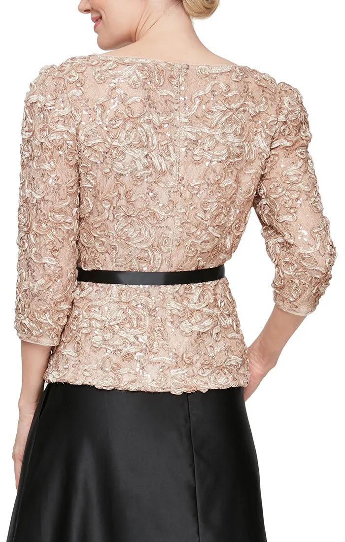 3/4 Sleeve Soutache Blouse with Puff Shoulder Sleeve Detail, Illusion Neckline & Tie Belt sold by Alex Evenings product image thumbnail 4