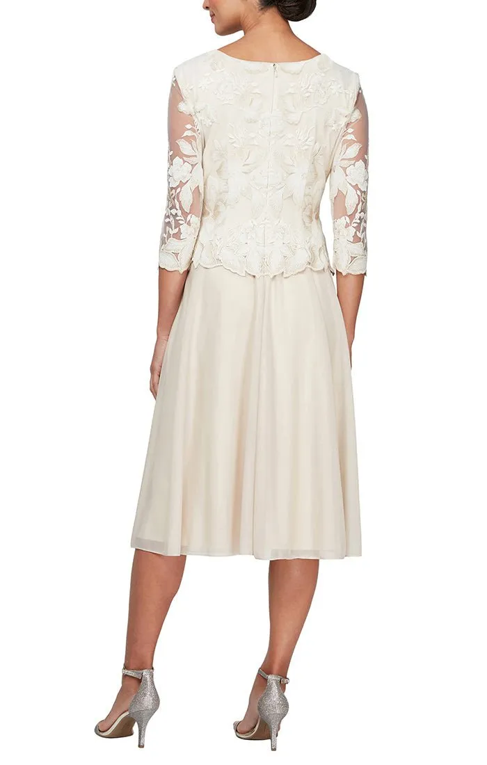 Tea-Length Embroidered Mock Dress with Illusion Sleeves, Scallop Detail and Full Skirt sold by Alex Evenings product image thumbnail 2