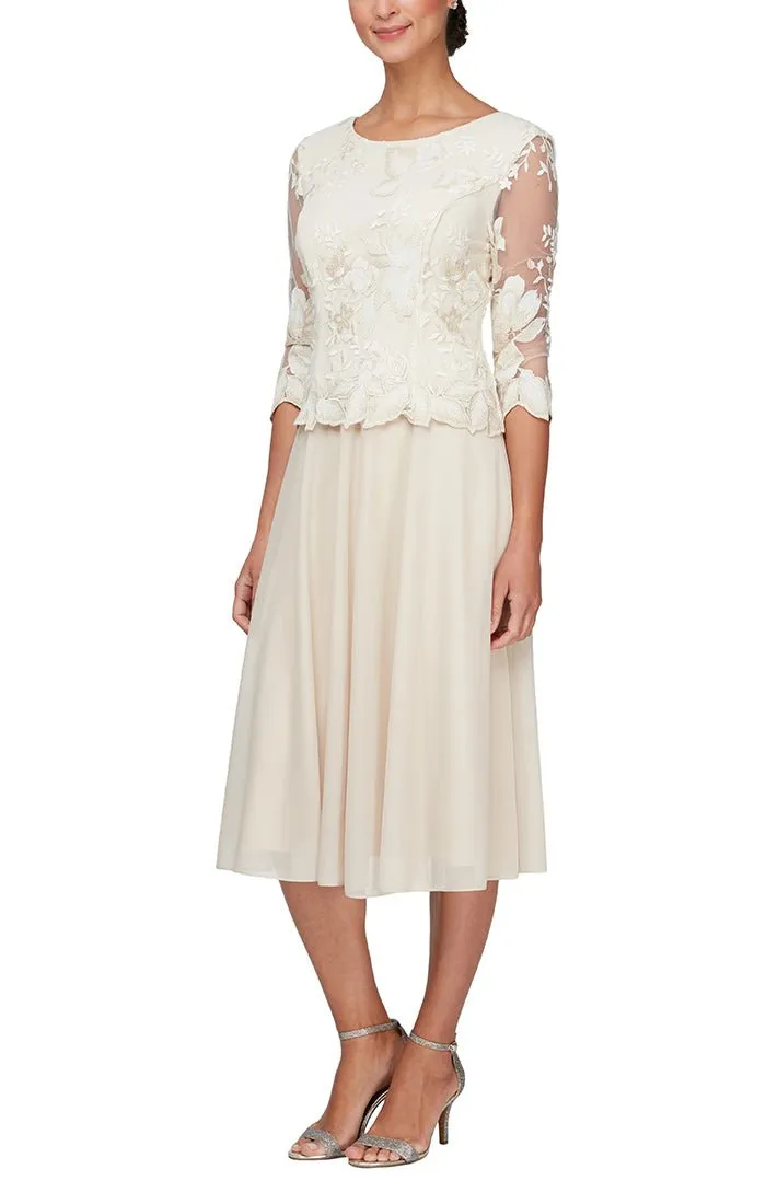 Tea-Length Embroidered Mock Dress with Illusion Sleeves, Scallop Detail and Full Skirt sold by Alex Evenings