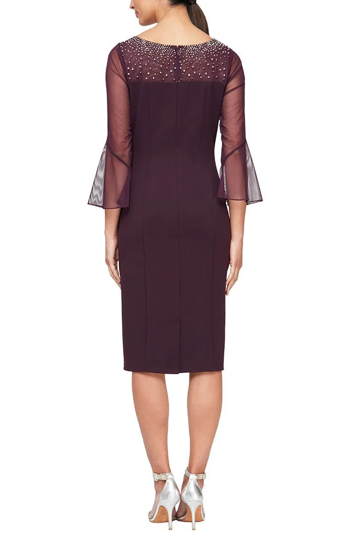 Sheath Crepe Dress with Embellished Illusion Mesh Neckline and Bell Sleeves sold by Alex Evenings product image thumbnail 4