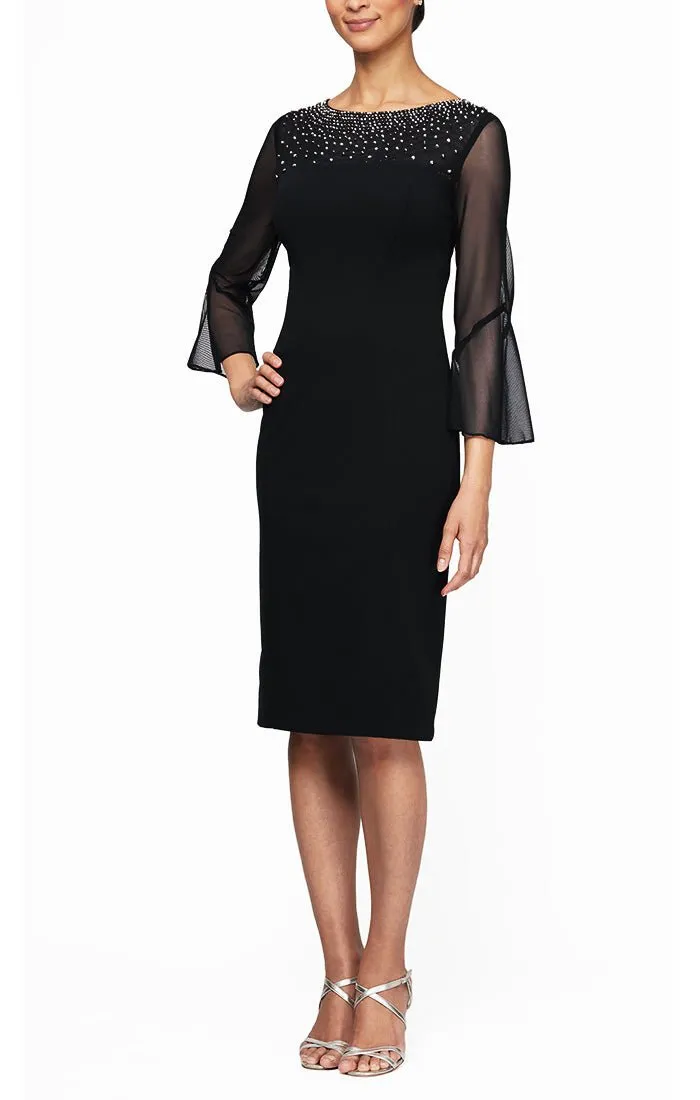 Sheath Crepe Dress with Embellished Illusion Mesh Neckline and Bell Sleeves sold by Alex Evenings product image thumbnail 5