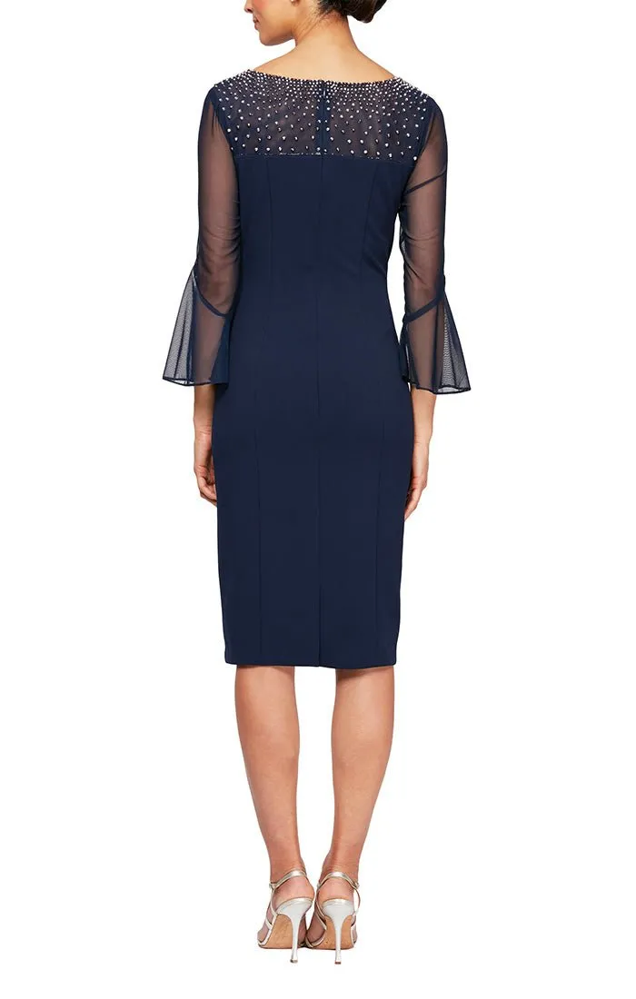 Sheath Crepe Dress with Embellished Illusion Mesh Neckline and Bell Sleeves sold by Alex Evenings product image thumbnail 2