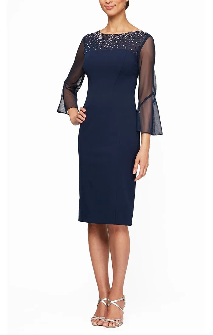 Sheath Crepe Dress with Embellished Illusion Mesh Neckline and Bell Sleeves sold by Alex Evenings