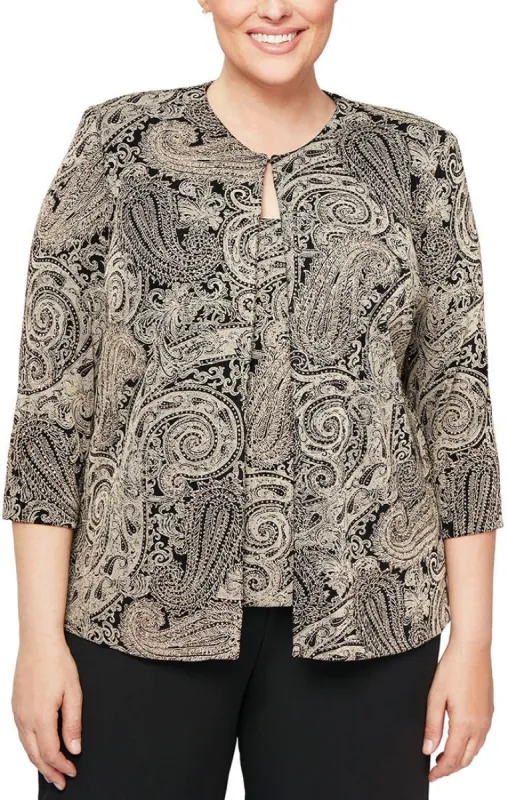 Plus Printed 3/4 Sleeve Slinky Twinset with Glitter Detail and Hook and Eye Closure at Neck sold by Alex Evenings