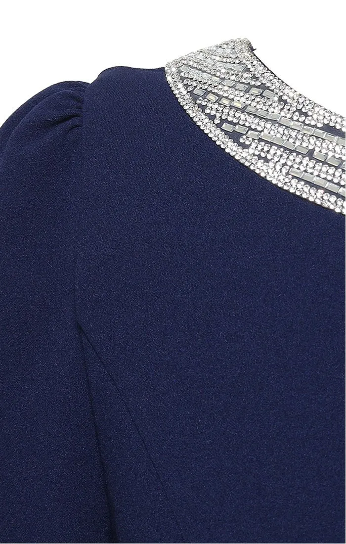 Long Embellished Neck Stretch Crepe Dress with Elbow Sleeves & Cascade Detail Skirt sold by Alex Evenings product image thumbnail 3