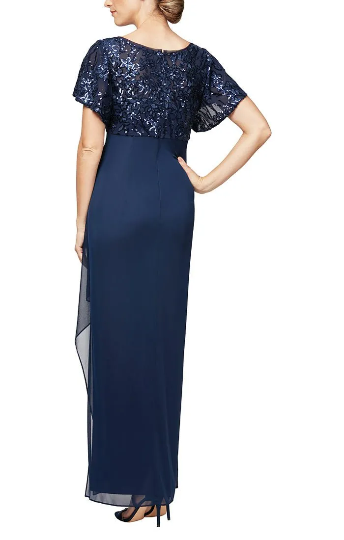 Petite Long Empire Waist Mesh with Embroidered Sequin Bodice, Flutter Sleeves and Cascade Detail Skirt sold by Alex Evenings product image thumbnail 2