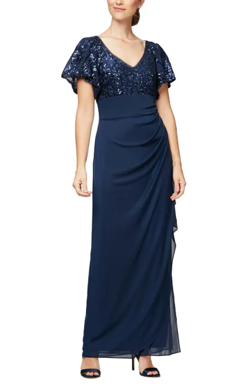Petite Long Empire Waist Mesh with Embroidered Sequin Bodice, Flutter Sleeves and Cascade Detail Skirt sold by Alex Evenings