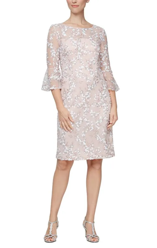 Short Embroidered Sequin Lace Sheath Dress with Illusion Neckline, 3/4 Bell Sleeves sold by Alex Evenings