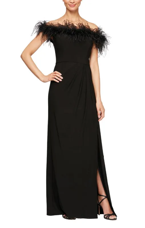 Long Off-the-Shoulder Jersey Gown with Front Slit & Maribou Detail Neckline made by Alex Evenings