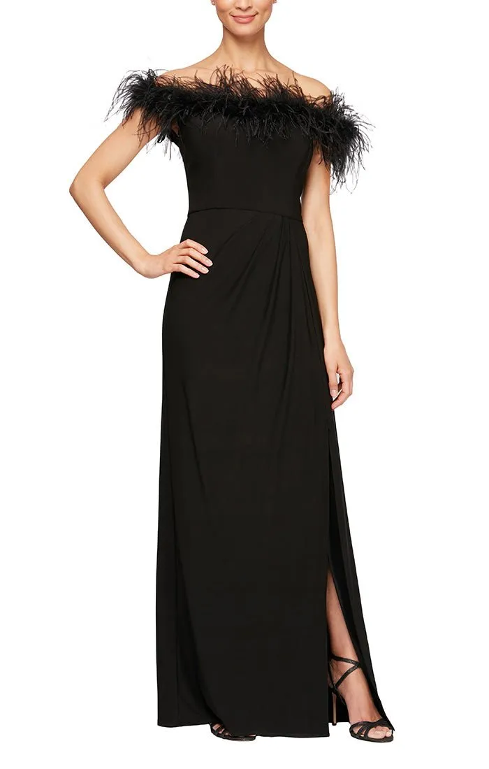 Long Off-the-Shoulder Jersey Gown with Front Slit & Maribou Detail Neckline sold by Alex Evenings