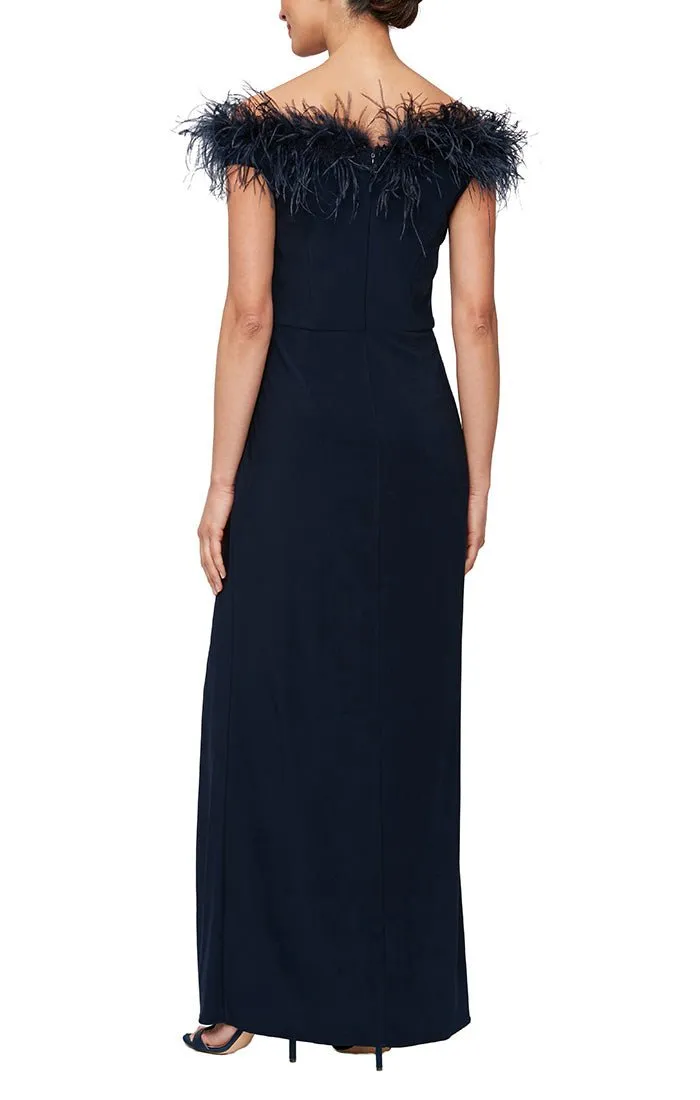 Long Off-the-Shoulder Jersey Gown with Front Slit & Maribou Detail Neckline sold by Alex Evenings product image thumbnail 4