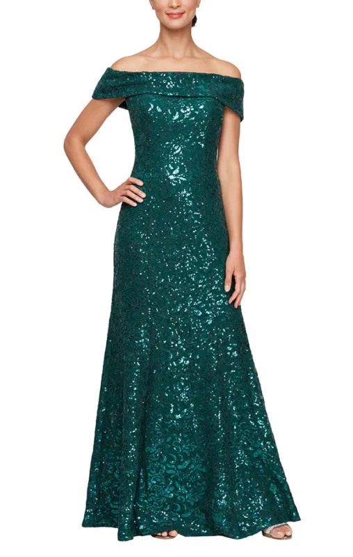 *Long Off The Shoulder Corded Dress sold by Alex Evenings