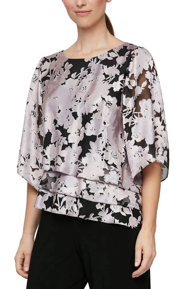 Regular - 3/4 Sleeve Printed Chiffon Blouse w/ Asymmetric Triple Tier Hem sold by Alex Evenings